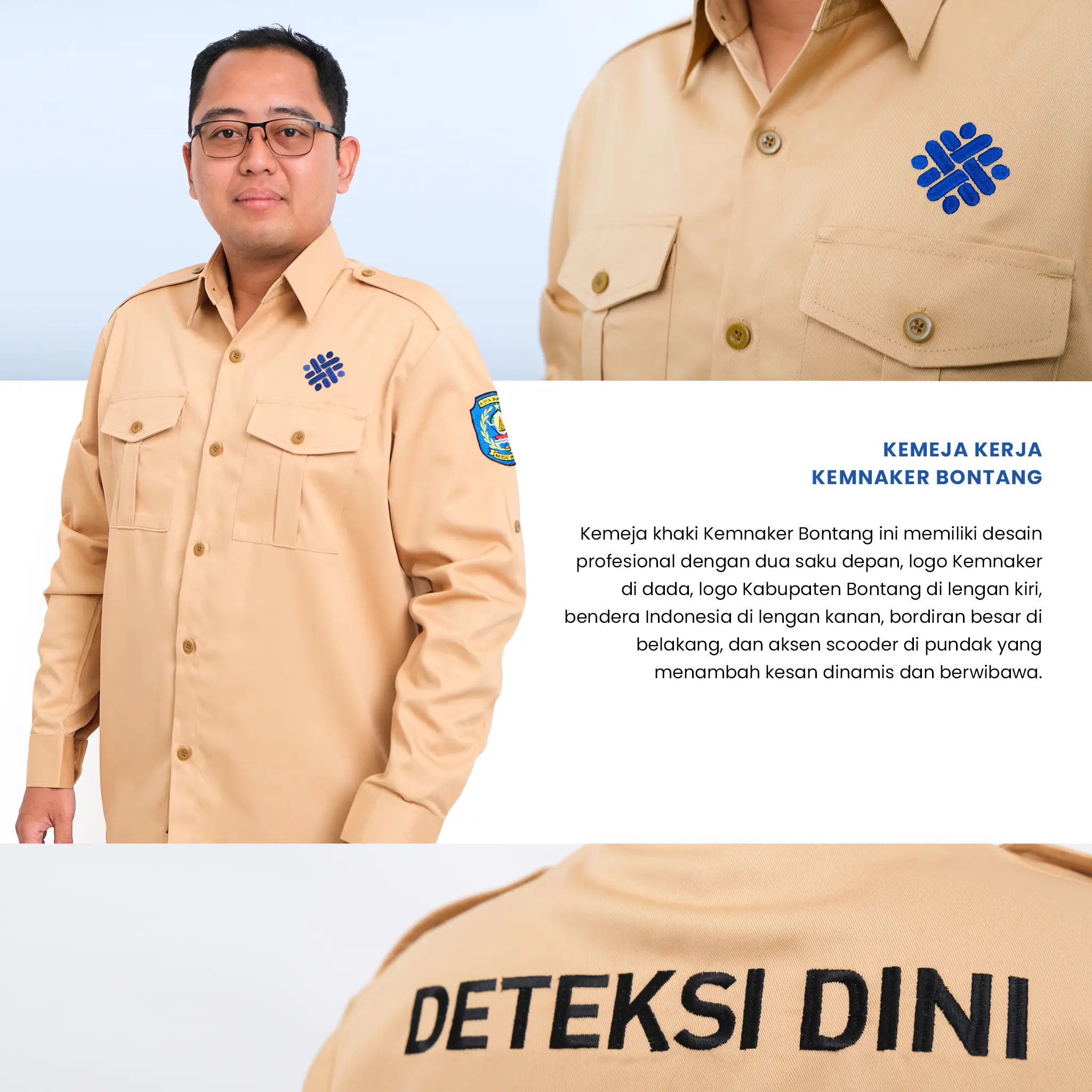 Kemeja seragam kantor lengan panjang custom warna khaki dengan bordir logo, dua kantong dada, dan desain formal untuk perusahaan maupun instansi.