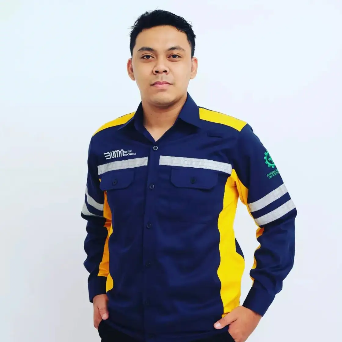Kemeja Seragam Kerja BUMN Biru Kuning dengan Reflektor