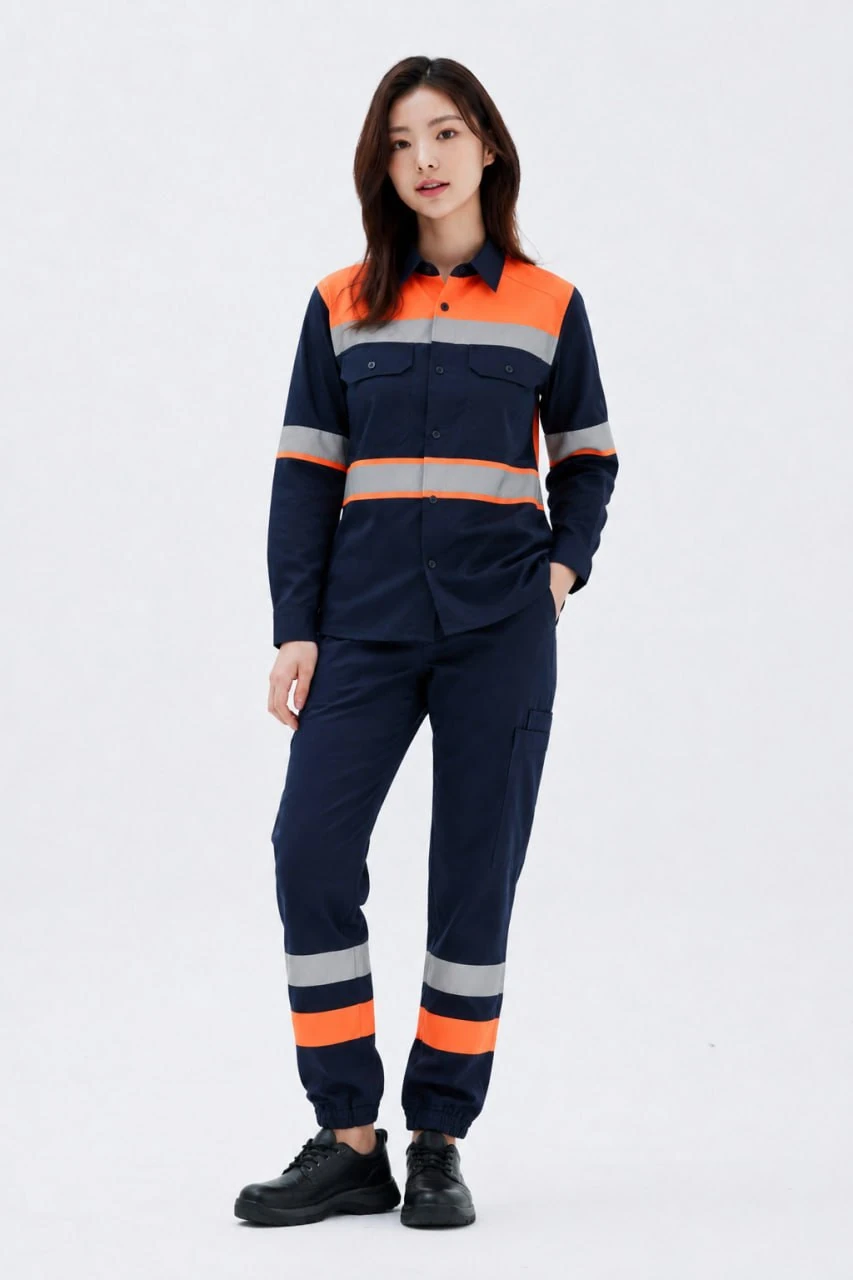 Wearpack safety wanita, reflective tape, pakaian kerja industri, seragam lapangan wanita, high visibility workwear, seragam proyek